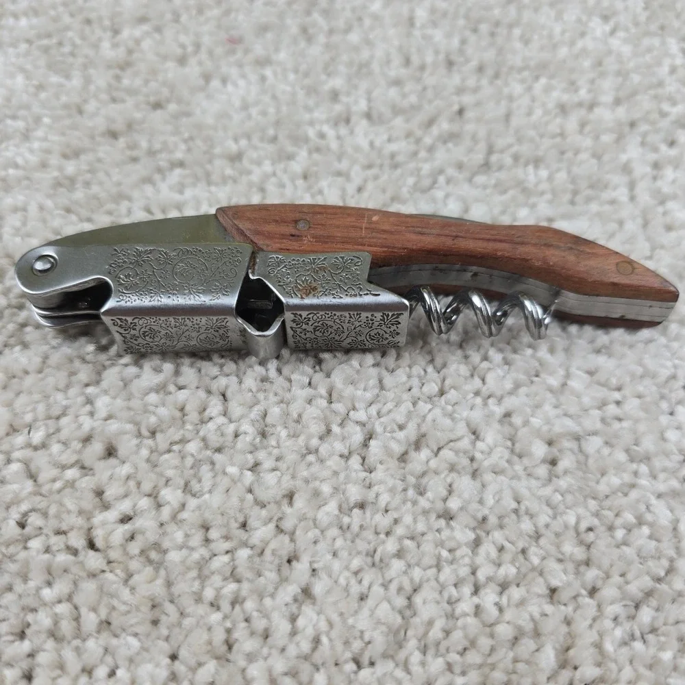 Waiter's Corkscrew Wine Opener Brown Wood Engraved Floral‎ Design